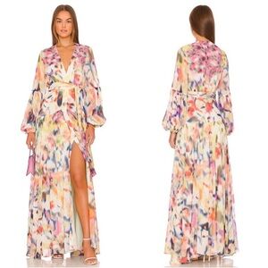 ALEXIS Becker Iridescent Long Sleeve Belted Plunging V Neckline Maxi Dress Sz XS